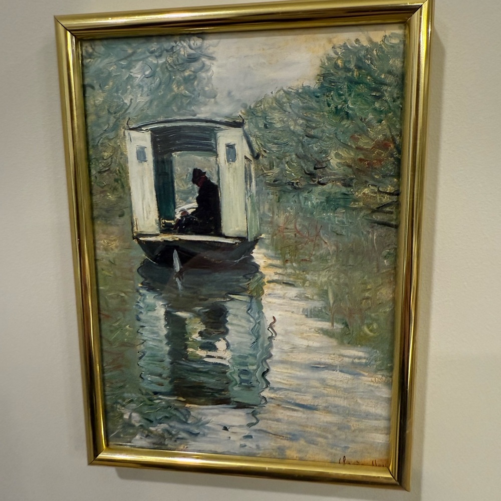 Hand-Painted Riverboat Oil Painting in Green and Blue Tones